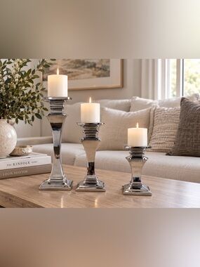 Polished Silver Three-Piece Candle Holder Set - Modern Home Accents